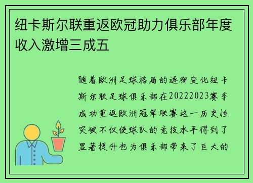 纽卡斯尔联重返欧冠助力俱乐部年度收入激增三成五